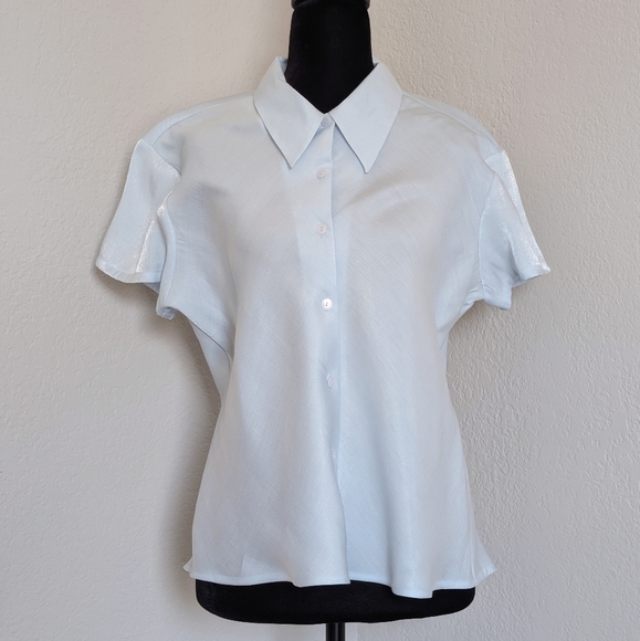 Express Vintage 90s Glam Ice Blue Shimmer Metallic Button Up Collared Shirt - Picture 1 of 7
